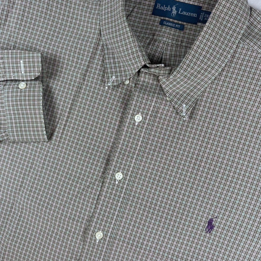 Ralph Lauren Button Down Shirt Mens 2XB Brown Plaid Classic Fit Cotton Pony